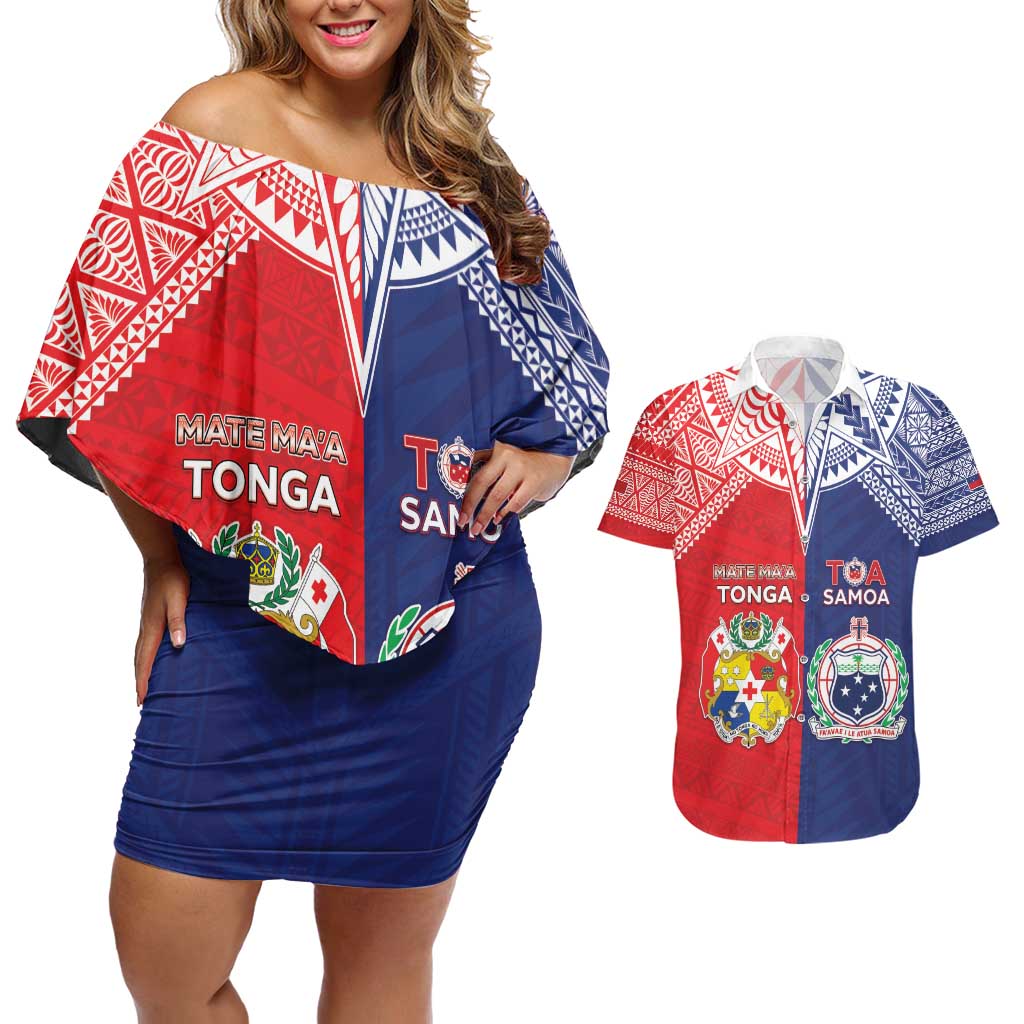 Custom Rugby Samoa And Tonga Couples Matching Off Shoulder Short Dress and Hawaiian Shirt Toa Samoa With Mate Maa LT05 Multicolor - Polynesian Pride