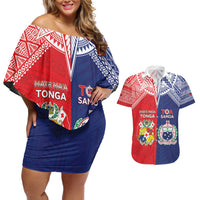 Custom Rugby Samoa And Tonga Couples Matching Off Shoulder Short Dress and Hawaiian Shirt Toa Samoa With Mate Maa LT05 Multicolor - Polynesian Pride