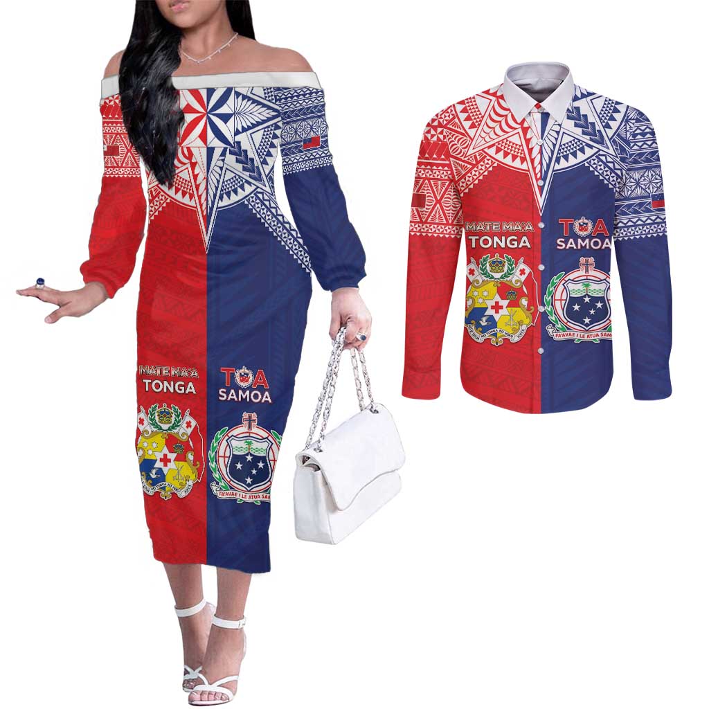 Custom Rugby Samoa And Tonga Couples Matching Off The Shoulder Long Sleeve Dress and Long Sleeve Button Shirt Toa Samoa With Mate Maa LT05 Multicolor - Polynesian Pride