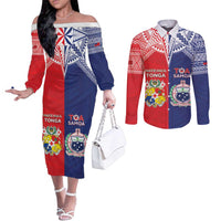 Custom Rugby Samoa And Tonga Couples Matching Off The Shoulder Long Sleeve Dress and Long Sleeve Button Shirt Toa Samoa With Mate Maa LT05 Multicolor - Polynesian Pride