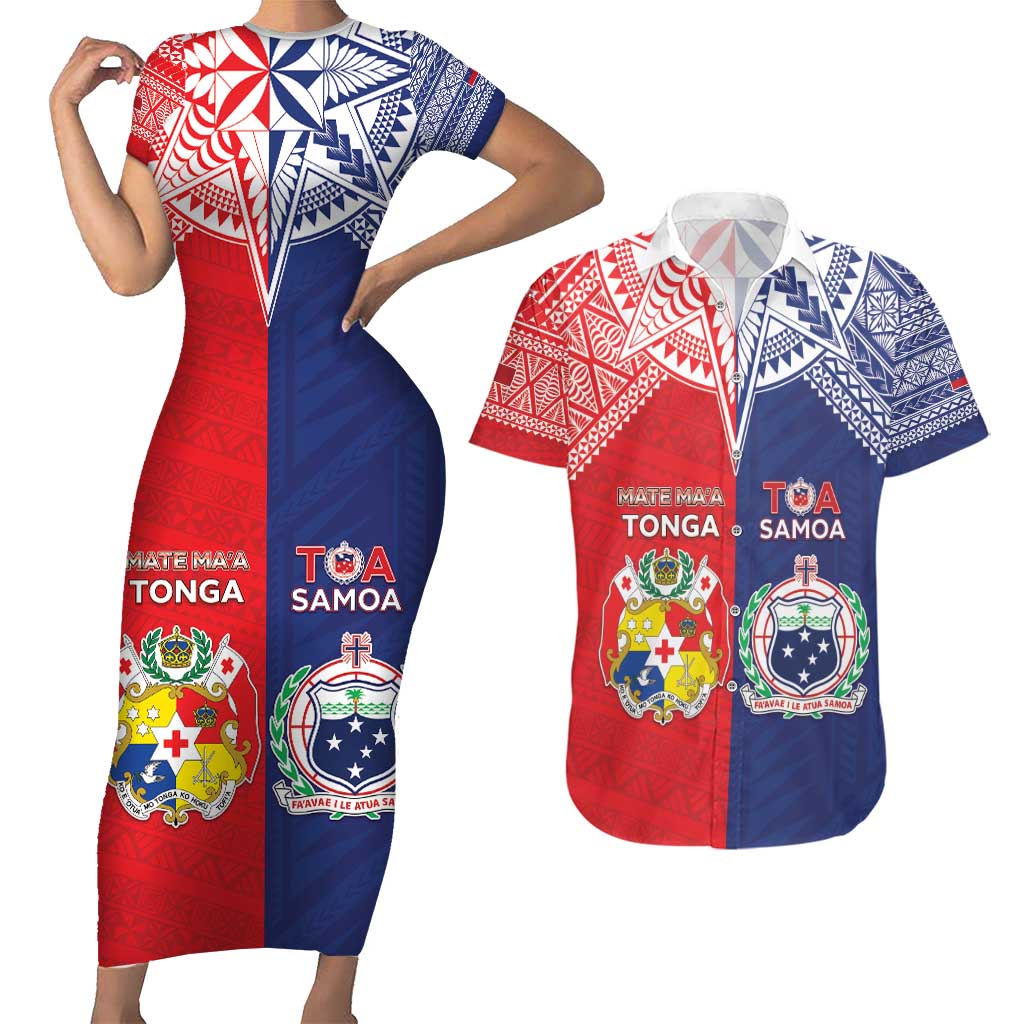 Custom Rugby Samoa And Tonga Couples Matching Short Sleeve Bodycon Dress and Hawaiian Shirt Toa Samoa With Mate Maa LT05 Multicolor - Polynesian Pride