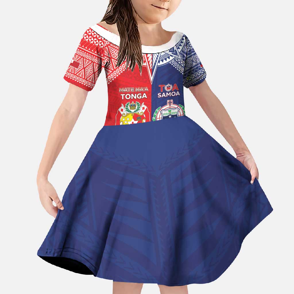 Custom Rugby Samoa And Tonga Family Matching Long Sleeve Bodycon Dress and Hawaiian Shirt Toa Samoa With Mate Maa LT05 Daughter's Dress Multicolor - Polynesian Pride