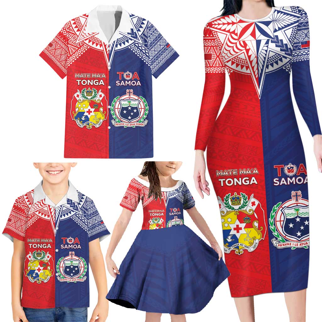 Custom Rugby Samoa And Tonga Family Matching Long Sleeve Bodycon Dress and Hawaiian Shirt Toa Samoa With Mate Maa LT05 - Polynesian Pride