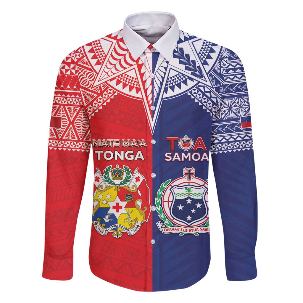 Custom Rugby Samoa And Tonga Family Matching Long Sleeve Bodycon Dress and Hawaiian Shirt Toa Samoa With Mate Maa LT05 Dad's Shirt - Long Sleeve Multicolor - Polynesian Pride