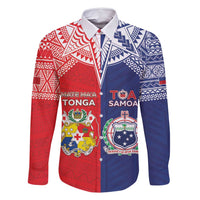 Custom Rugby Samoa And Tonga Family Matching Long Sleeve Bodycon Dress and Hawaiian Shirt Toa Samoa With Mate Maa LT05 Dad's Shirt - Long Sleeve Multicolor - Polynesian Pride