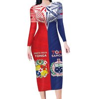Custom Rugby Samoa And Tonga Family Matching Long Sleeve Bodycon Dress and Hawaiian Shirt Toa Samoa With Mate Maa LT05 Mom's Dress Multicolor - Polynesian Pride