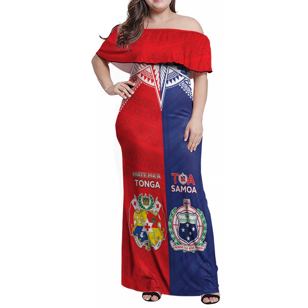 Custom Rugby Samoa And Tonga Family Matching Off Shoulder Maxi Dress and Hawaiian Shirt Toa Samoa With Mate Maa LT05 Mom's Dress Multicolor - Polynesian Pride