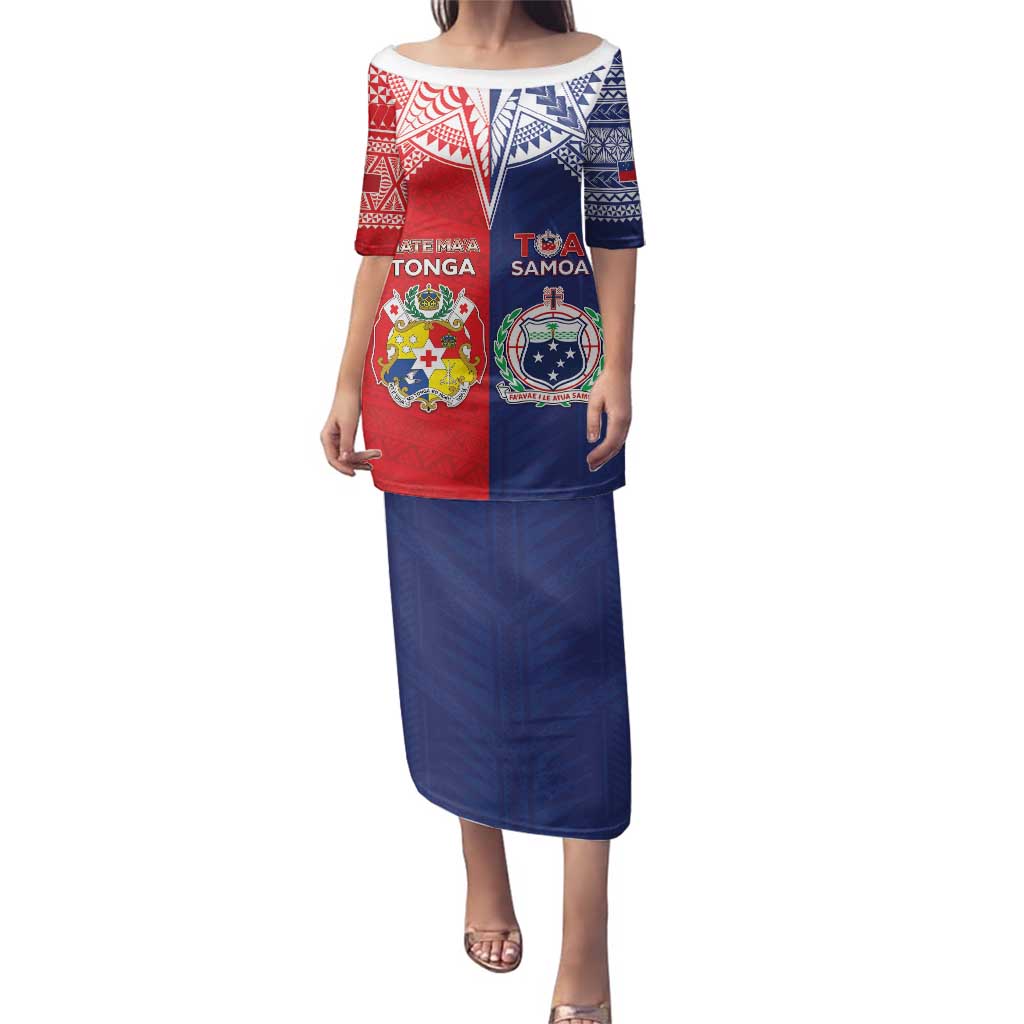 Custom Rugby Samoa And Tonga Family Matching Puletasi and Hawaiian Shirt Toa Samoa With Mate Maa LT05 Mom's Dress Multicolor - Polynesian Pride