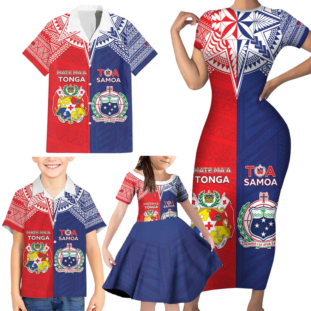 Custom Rugby Samoa And Tonga Family Matching Short Sleeve Bodycon Dress and Hawaiian Shirt Toa Samoa With Mate Maa LT05 - Polynesian Pride
