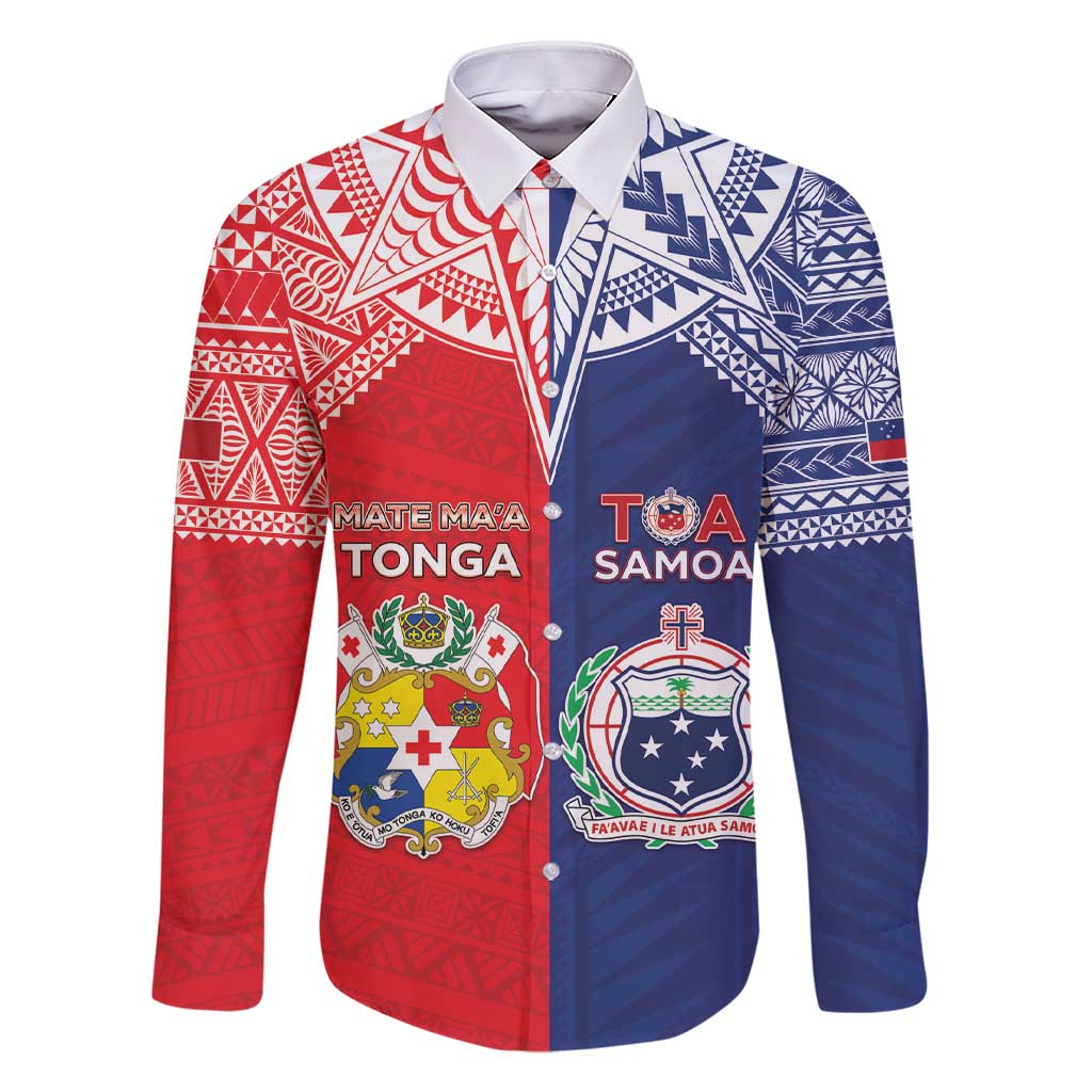 Custom Rugby Samoa And Tonga Family Matching Short Sleeve Bodycon Dress and Hawaiian Shirt Toa Samoa With Mate Maa LT05 Dad's Shirt - Long Sleeve Multicolor - Polynesian Pride