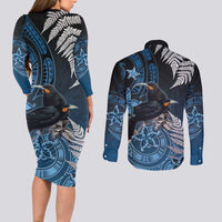 New Zealand Huia Bird Couples Matching Long Sleeve Bodycon Dress and Long Sleeve Button Shirt Aotearoa Maori Pattern