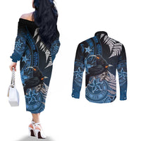 New Zealand Huia Bird Couples Matching Off The Shoulder Long Sleeve Dress and Long Sleeve Button Shirt Aotearoa Maori Pattern