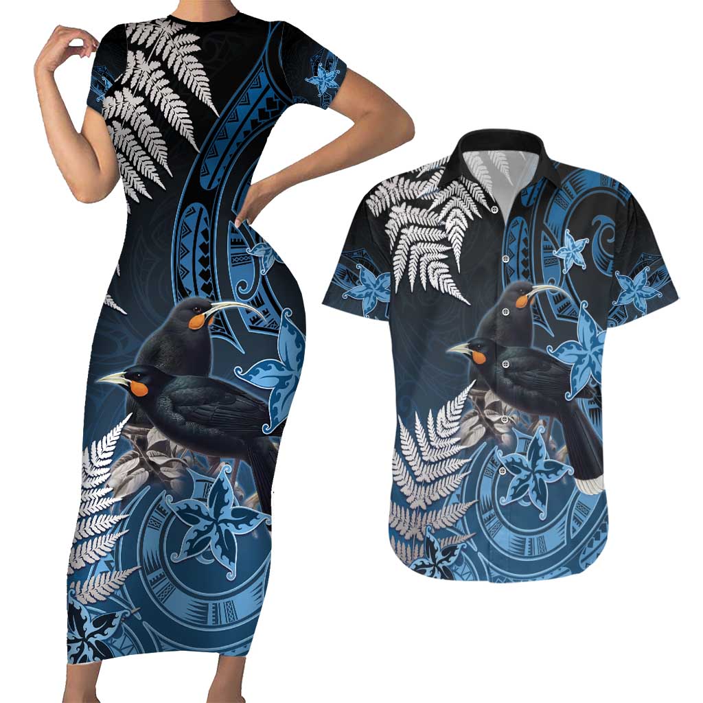 New Zealand Huia Bird Couples Matching Short Sleeve Bodycon Dress and Hawaiian Shirt Aotearoa Maori Pattern