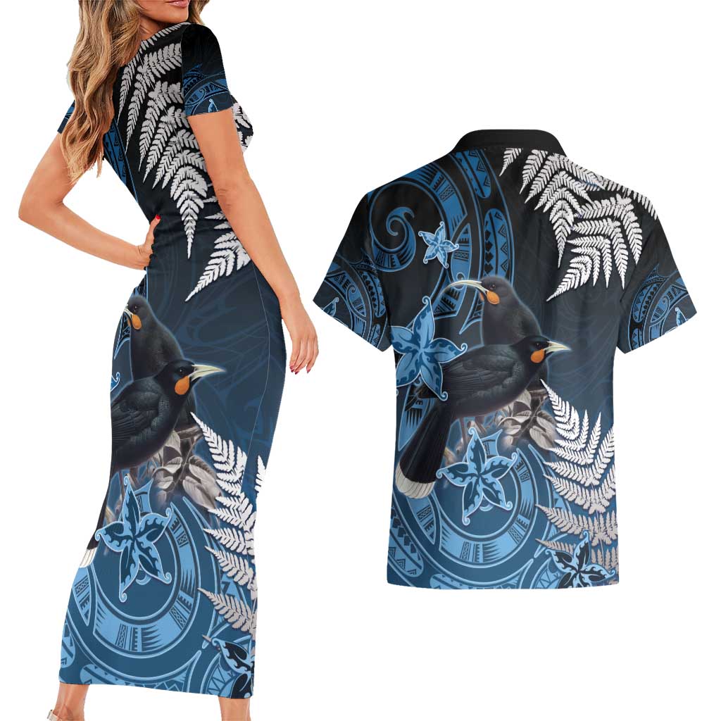 New Zealand Huia Bird Couples Matching Short Sleeve Bodycon Dress and Hawaiian Shirt Aotearoa Maori Pattern