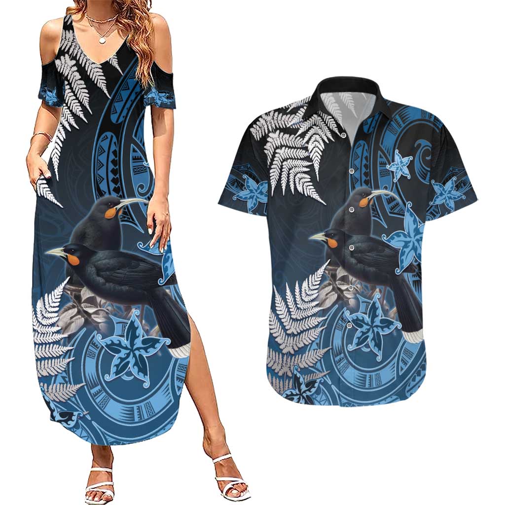 New Zealand Huia Bird Couples Matching Summer Maxi Dress and Hawaiian Shirt Aotearoa Maori Pattern
