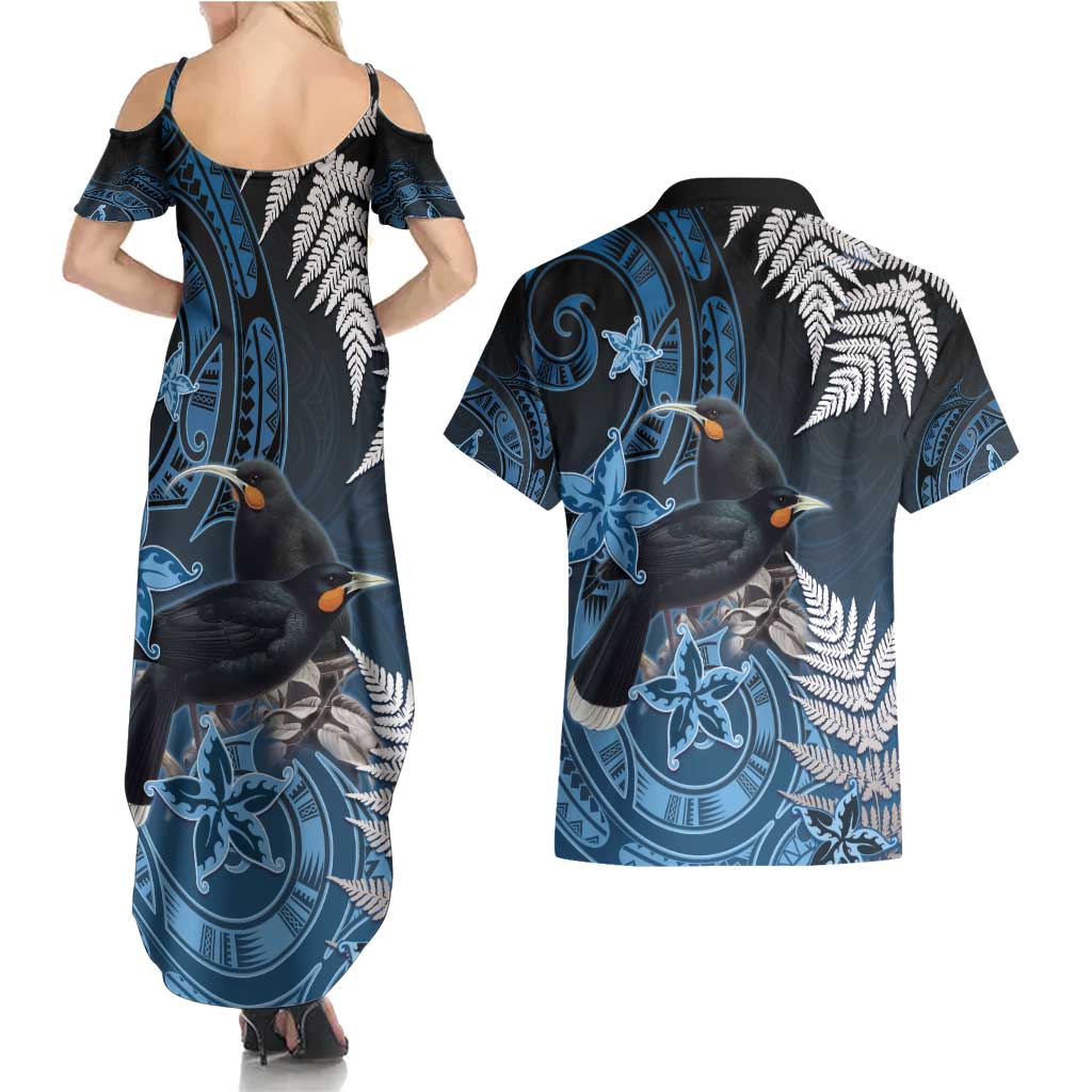 New Zealand Huia Bird Couples Matching Summer Maxi Dress and Hawaiian Shirt Aotearoa Maori Pattern
