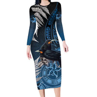 New Zealand Huia Bird Family Matching Long Sleeve Bodycon Dress and Hawaiian Shirt Aotearoa Maori Pattern