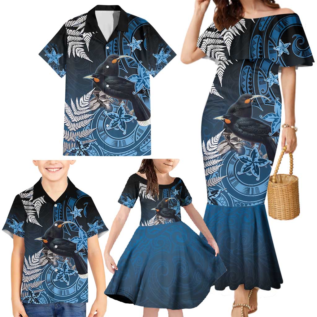 New Zealand Huia Bird Family Matching Mermaid Dress and Hawaiian Shirt Aotearoa Maori Pattern