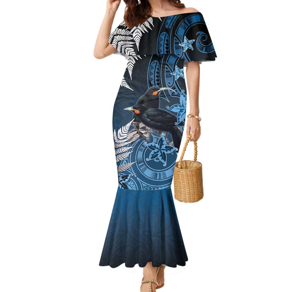 New Zealand Huia Bird Family Matching Mermaid Dress and Hawaiian Shirt Aotearoa Maori Pattern