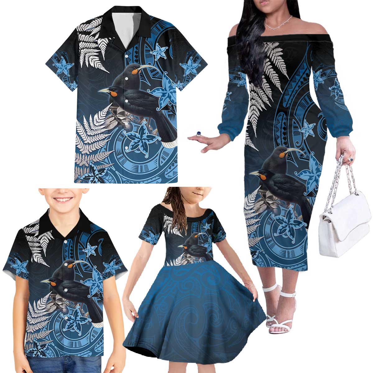 New Zealand Huia Bird Family Matching Off The Shoulder Long Sleeve Dress and Hawaiian Shirt Aotearoa Maori Pattern