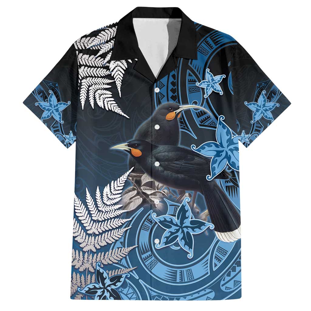 New Zealand Huia Bird Family Matching Off Shoulder Short Dress and Hawaiian Shirt Aotearoa Maori Pattern