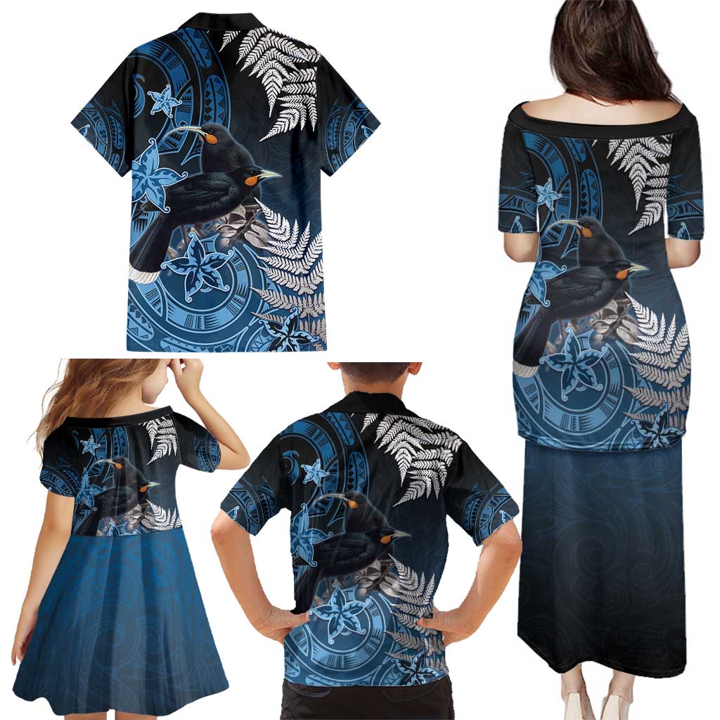New Zealand Huia Bird Family Matching Puletasi and Hawaiian Shirt Aotearoa Maori Pattern