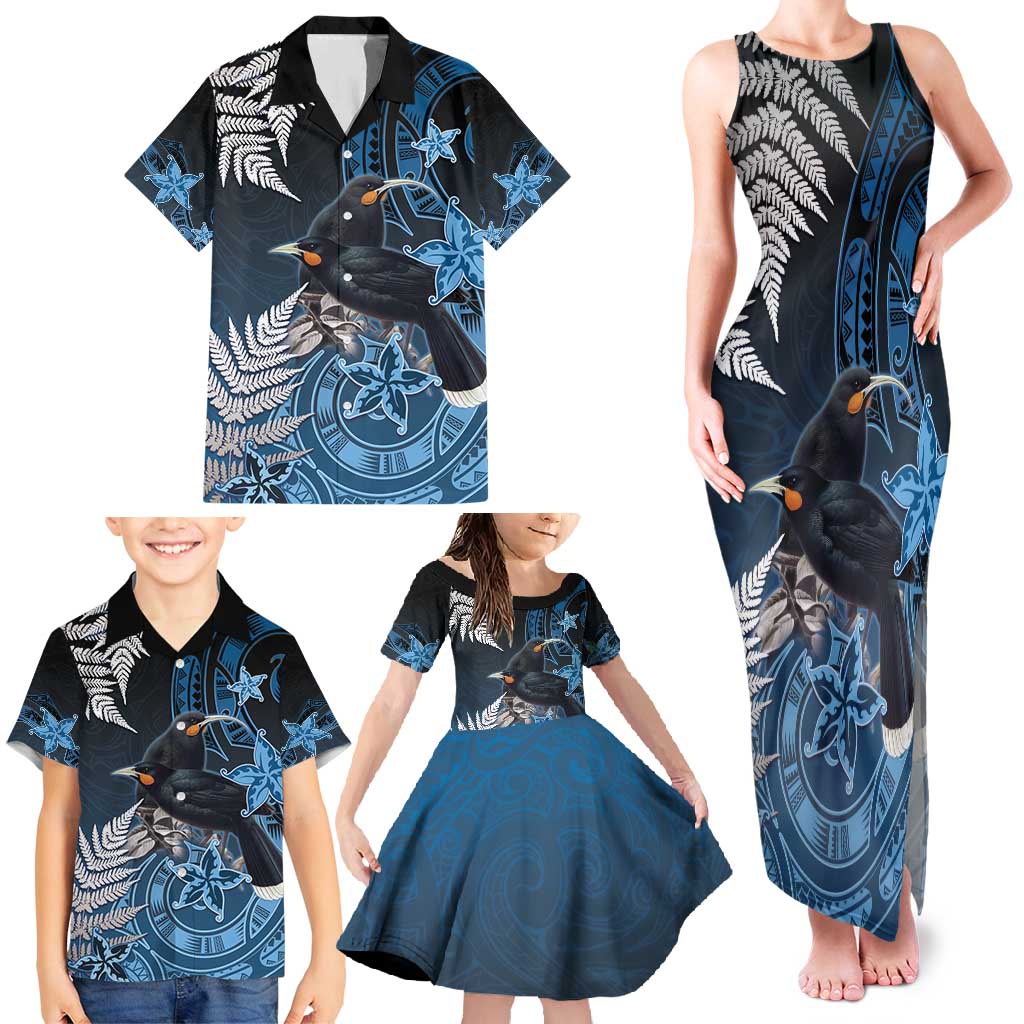 New Zealand Huia Bird Family Matching Tank Maxi Dress and Hawaiian Shirt Aotearoa Maori Pattern