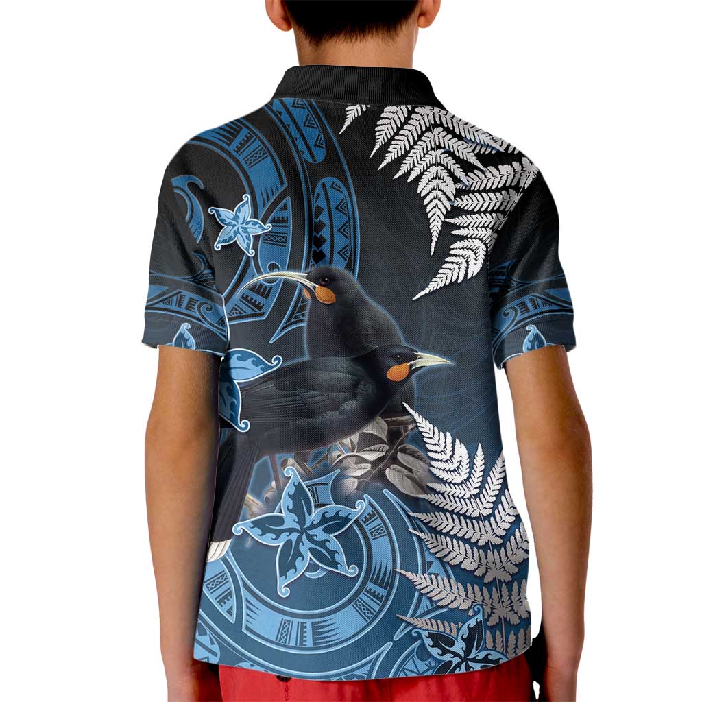 New Zealand Huia Bird Kid Polo Shirt Aotearoa Maori Pattern