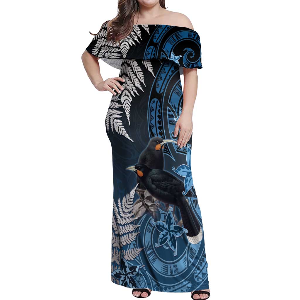 New Zealand Huia Bird Off Shoulder Maxi Dress Aotearoa Maori Pattern