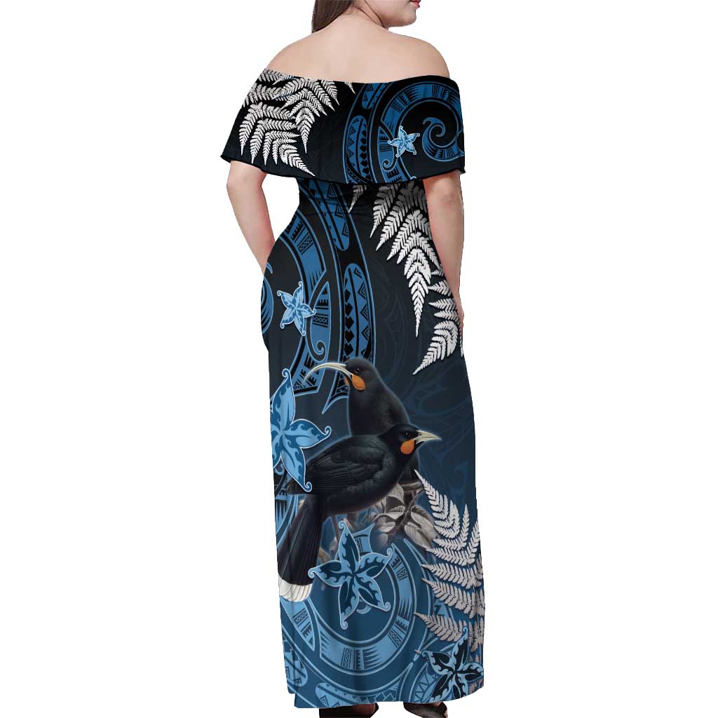 New Zealand Huia Bird Off Shoulder Maxi Dress Aotearoa Maori Pattern