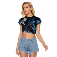 New Zealand Huia Bird Raglan Cropped T Shirt Aotearoa Maori Pattern