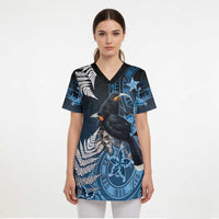 New Zealand Huia Bird Scrub Top Aotearoa Maori Pattern - Polynesian Pride