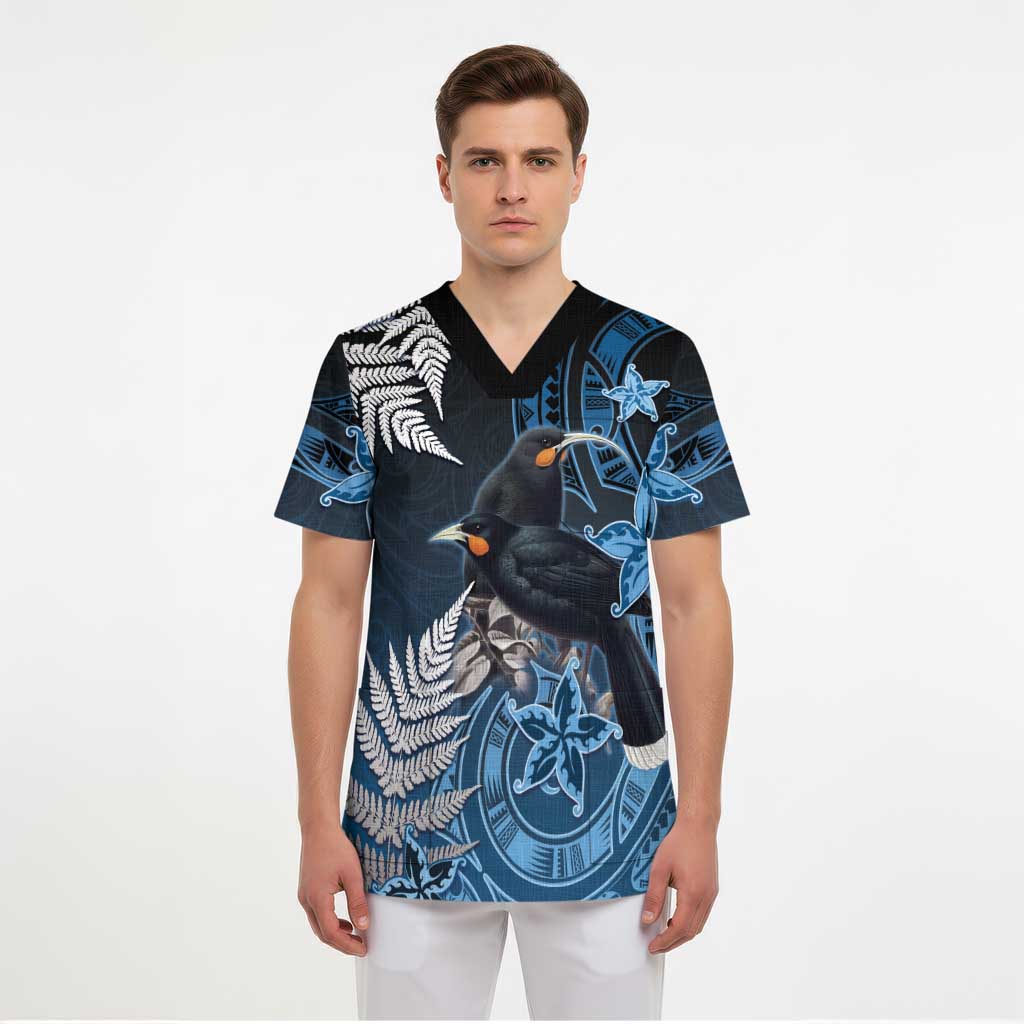 New Zealand Huia Bird Scrub Top Aotearoa Maori Pattern - Polynesian Pride