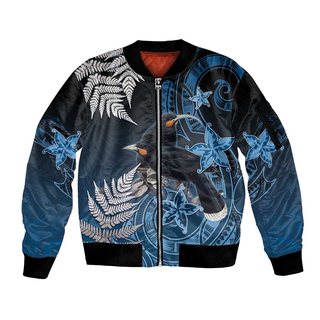 New Zealand Huia Bird Sleeve Zip Bomber Jacket Aotearoa Maori Pattern