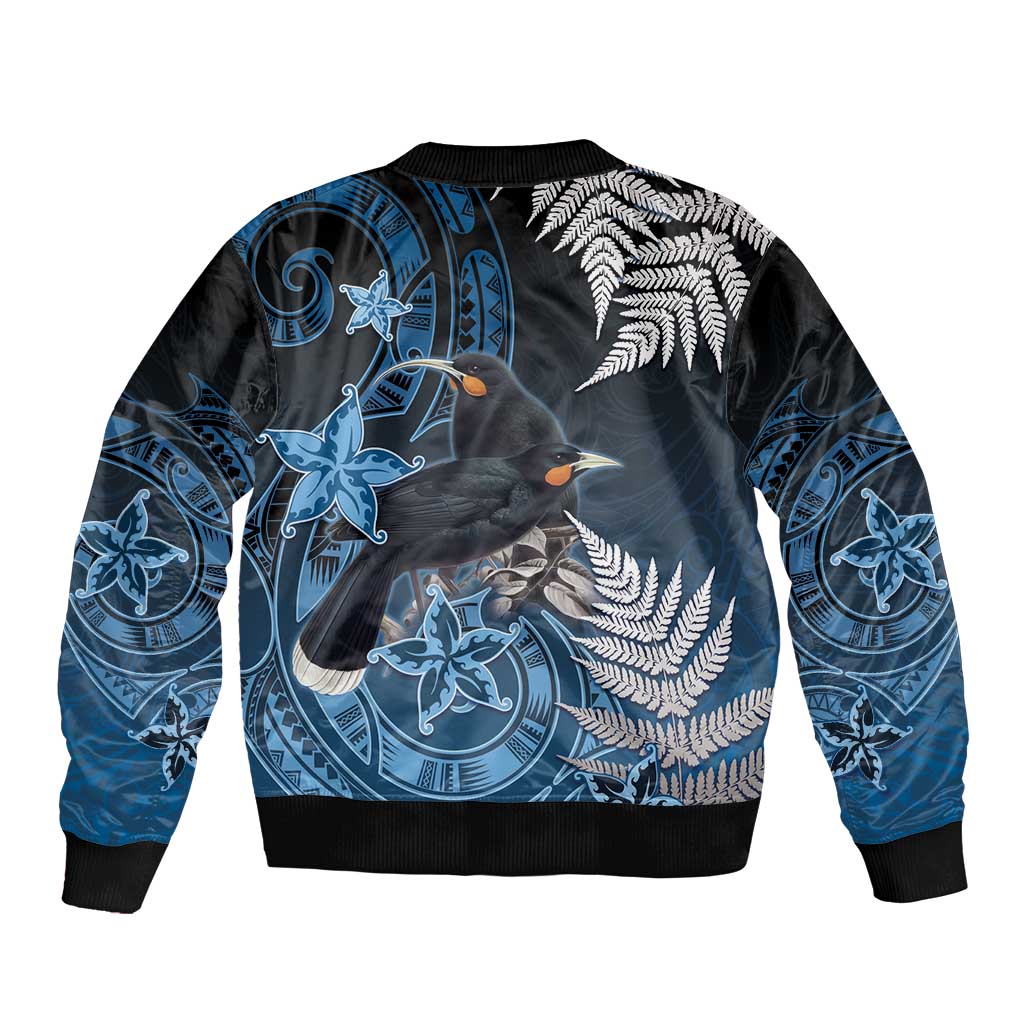 New Zealand Huia Bird Sleeve Zip Bomber Jacket Aotearoa Maori Pattern
