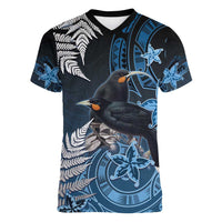 New Zealand Huia Bird Women V-Neck T-Shirt Aotearoa Maori Pattern LT05 Female Navy - Polynesian Pride