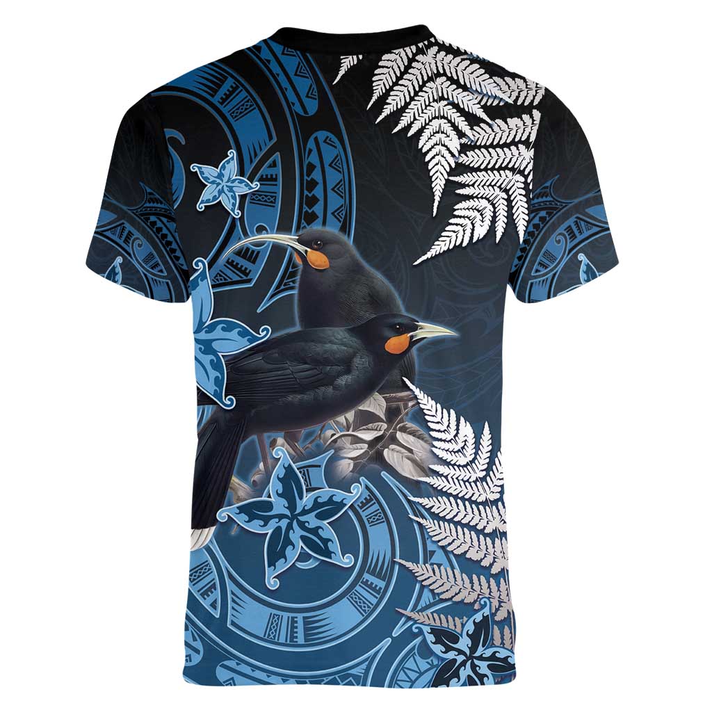 New Zealand Huia Bird Women V-Neck T-Shirt Aotearoa Maori Pattern LT05 - Polynesian Pride