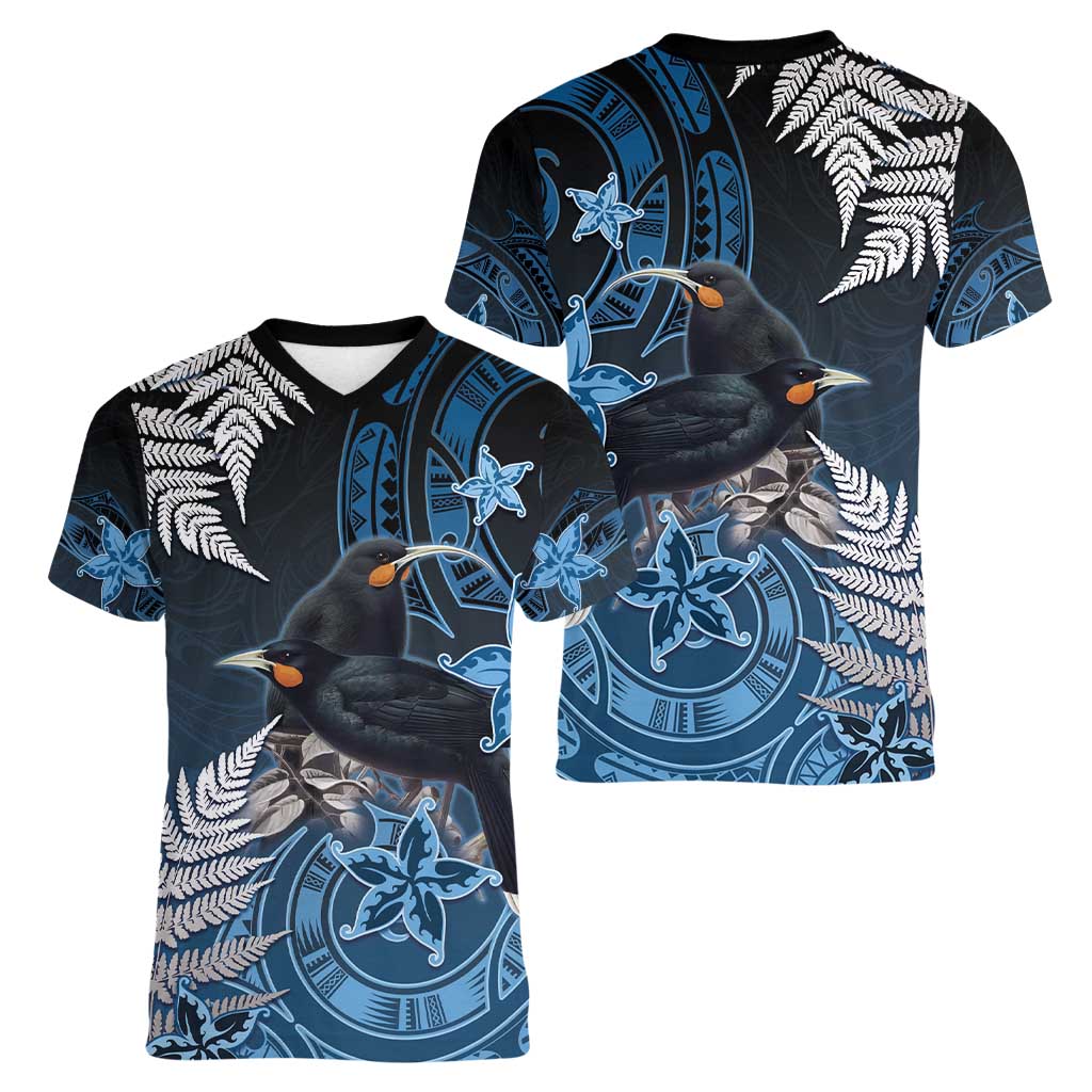New Zealand Huia Bird Women V-Neck T-Shirt Aotearoa Maori Pattern LT05 - Polynesian Pride