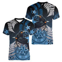 New Zealand Huia Bird Women V-Neck T-Shirt Aotearoa Maori Pattern LT05 - Polynesian Pride