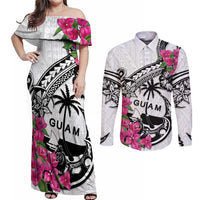 Guam Chamorro Couples Matching Off Shoulder Maxi Dress and Long Sleeve Button Shirt Bougainvillea White Polynesian Tribal Pattern