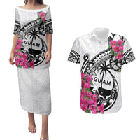 Guam Chamorro Couples Matching Puletasi and Hawaiian Shirt Bougainvillea White Polynesian Tribal Pattern
