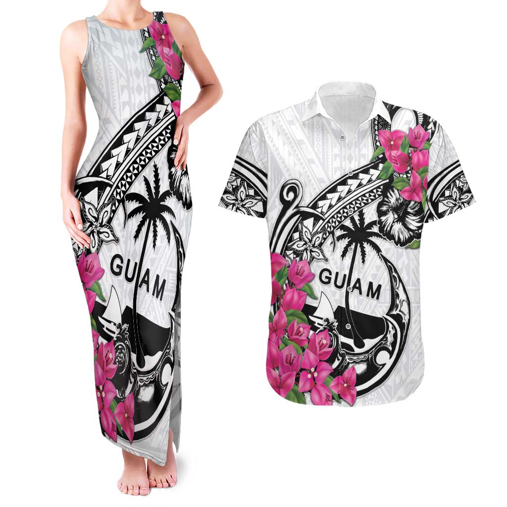 Guam Chamorro Couples Matching Tank Maxi Dress and Hawaiian Shirt Bougainvillea White Polynesian Tribal Pattern
