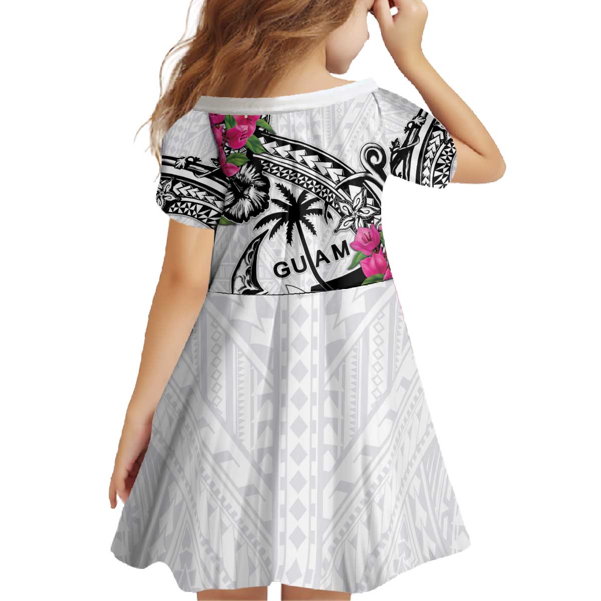 Guam Chamorro Family Matching Off The Shoulder Long Sleeve Dress and Hawaiian Shirt Bougainvillea White Polynesian Tribal Pattern