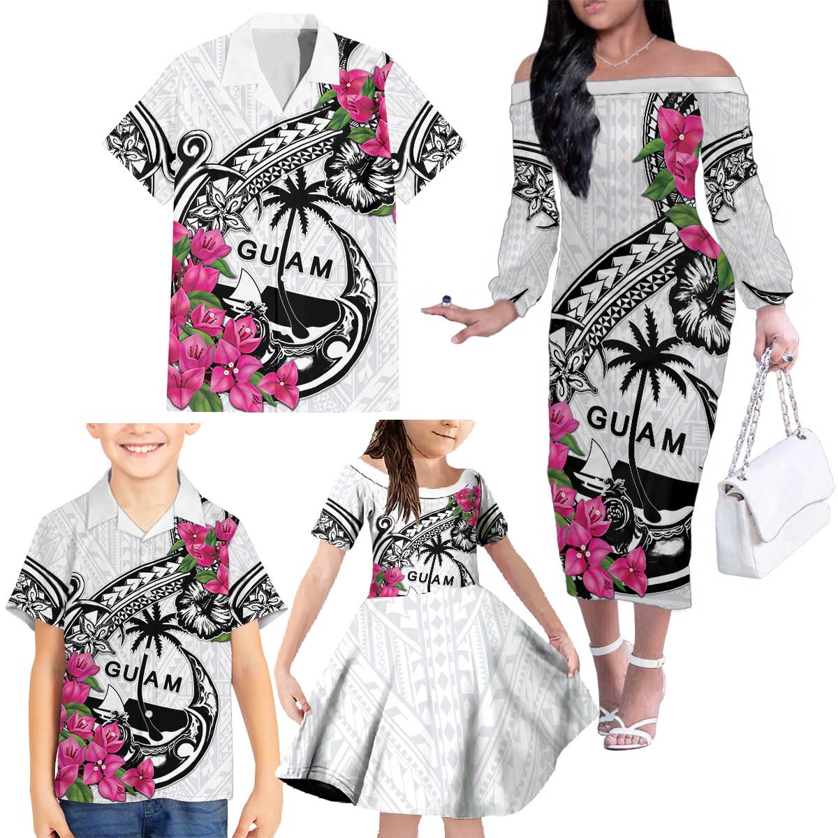 Guam Chamorro Family Matching Off The Shoulder Long Sleeve Dress and Hawaiian Shirt Bougainvillea White Polynesian Tribal Pattern