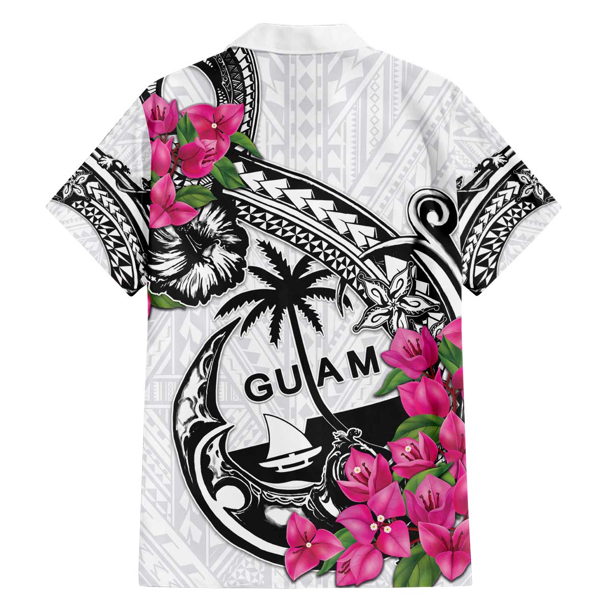 Guam Chamorro Family Matching Off The Shoulder Long Sleeve Dress and Hawaiian Shirt Bougainvillea White Polynesian Tribal Pattern