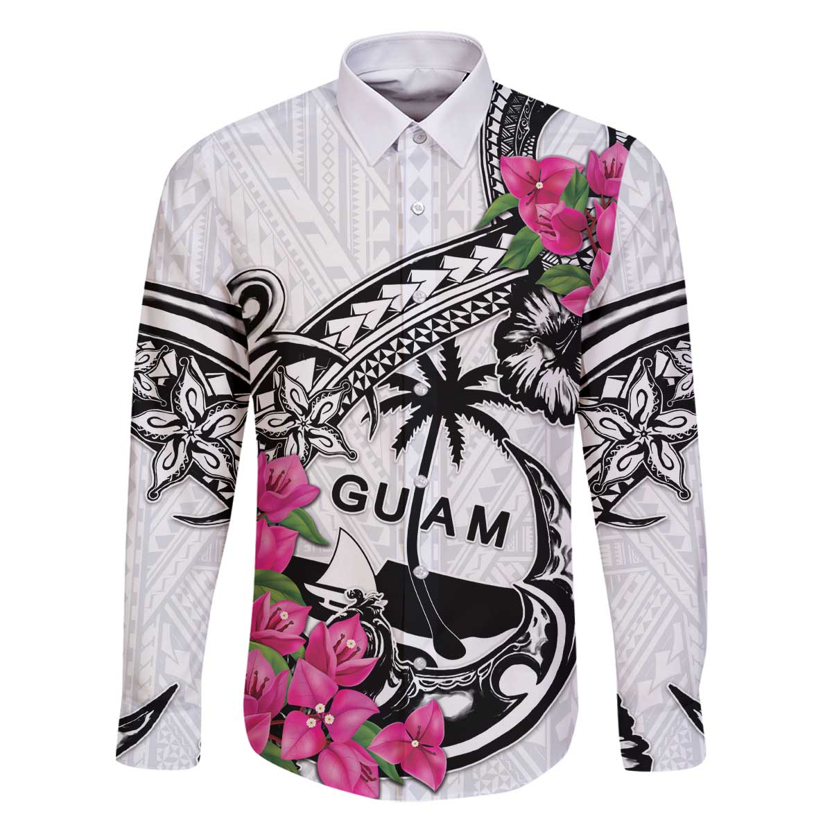 Guam Chamorro Family Matching Off The Shoulder Long Sleeve Dress and Hawaiian Shirt Bougainvillea White Polynesian Tribal Pattern