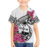 Guam Chamorro Family Matching Off The Shoulder Long Sleeve Dress and Hawaiian Shirt Bougainvillea White Polynesian Tribal Pattern