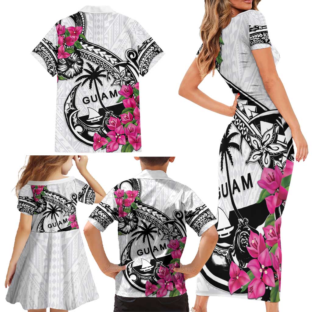 Guam Chamorro Family Matching Short Sleeve Bodycon Dress and Hawaiian Shirt Bougainvillea White Polynesian Tribal Pattern