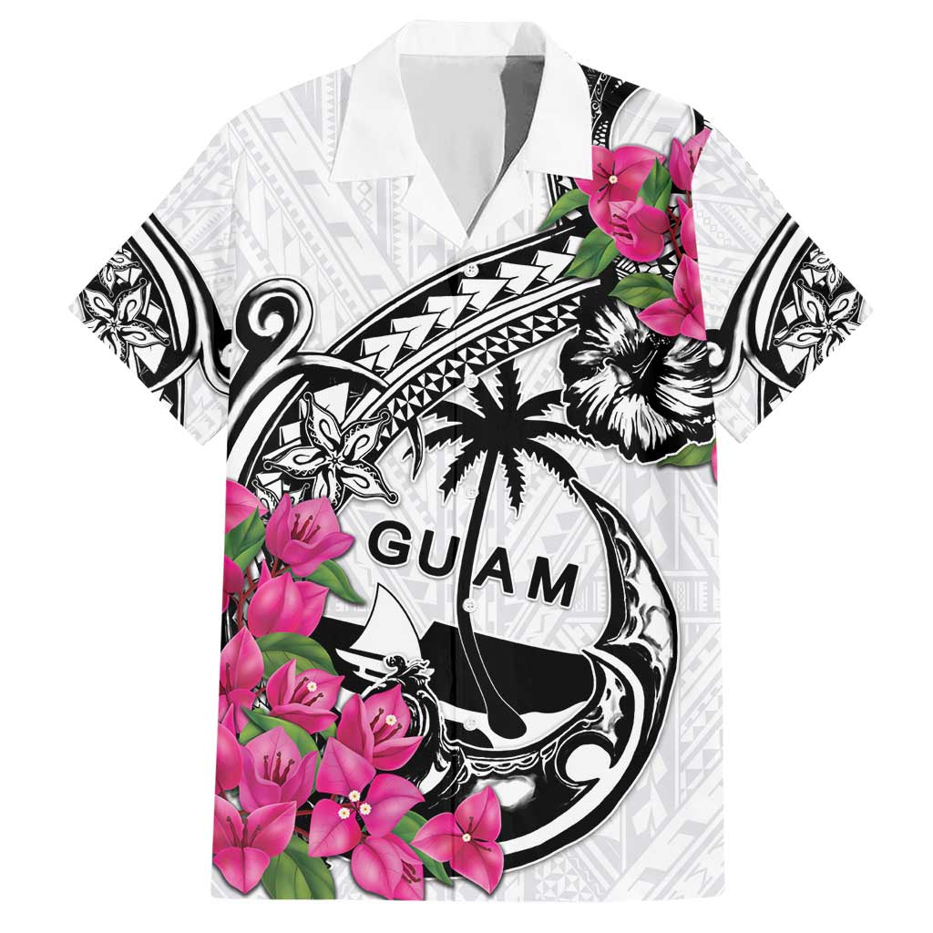 Guam Chamorro Family Matching Short Sleeve Bodycon Dress and Hawaiian Shirt Bougainvillea White Polynesian Tribal Pattern