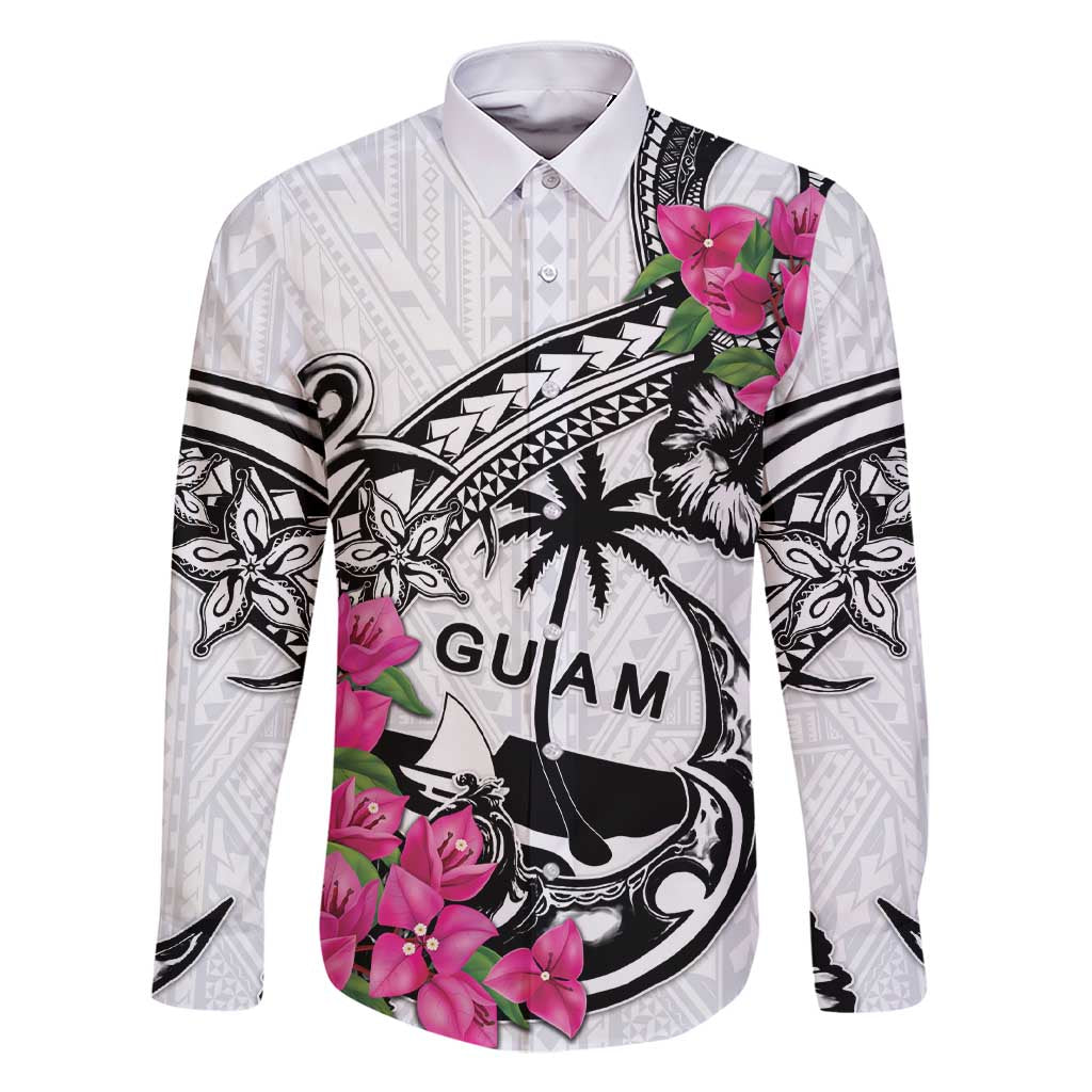 Guam Chamorro Family Matching Short Sleeve Bodycon Dress and Hawaiian Shirt Bougainvillea White Polynesian Tribal Pattern